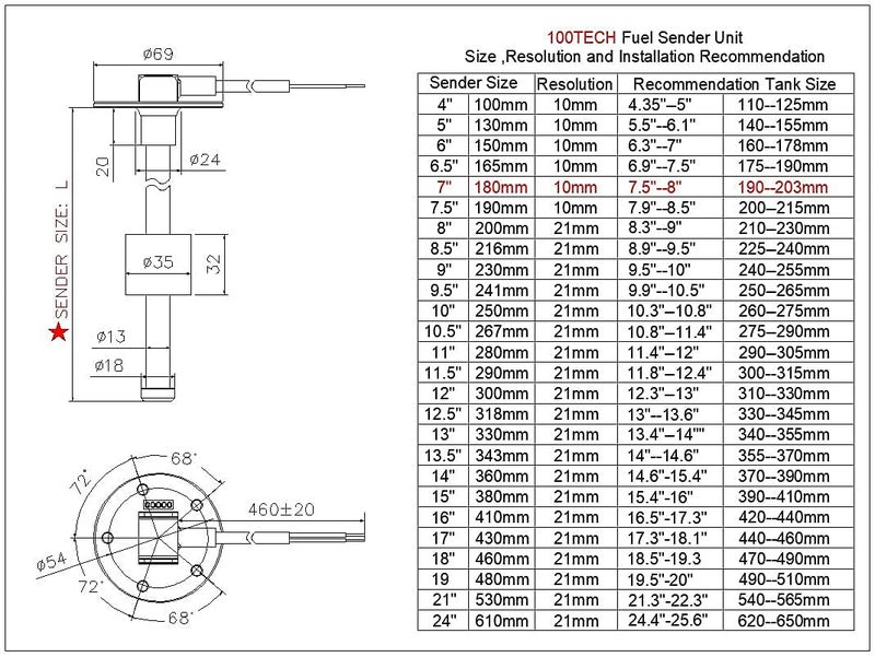 100TECH High Resolution Fuel Sending Unit and Gauge Kit 7"(180mm) SUS316 Stainless Steel Gas Sensor Sender for Boat Truck Camper RV Water Level Sensor 240-33ohms - Image 5