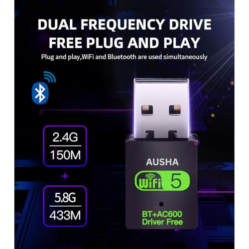 AUSHA AC600 Dual Band USB WiFi Adapter with Bluetooth 4.2 | 600 Mbps Wireless Network Dongle | Realtek RTL8821CU | Ideal for Desktop & Laptop (Windows & Linux) - Image 2