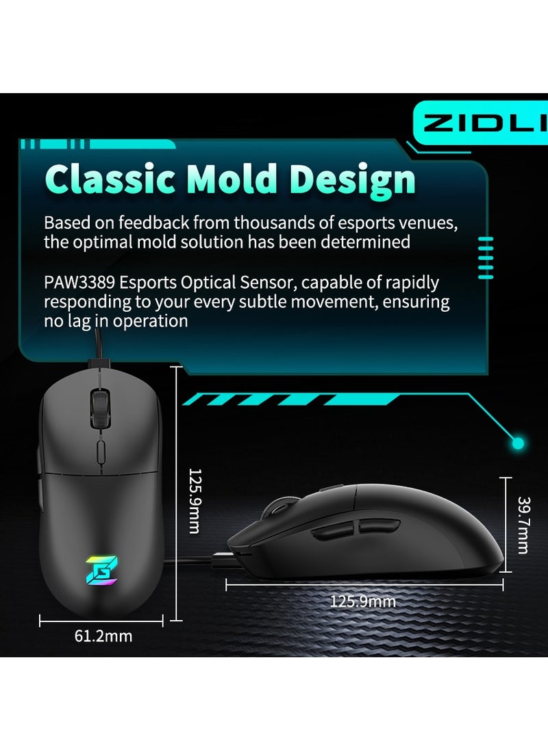 ZIDLI Wired Gaming Mouse - PixArt PMW3389 Optical Sensor - 10,000 DPI - Ergonomic Design