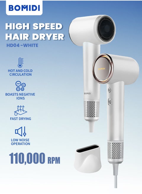 High Speed Hair Dryer With Intelligent Thermostat, Fast Drying,High-Speed Motor, Negative ionic, Low Noise Operation and Hot and Cold Circulation HD04 - White