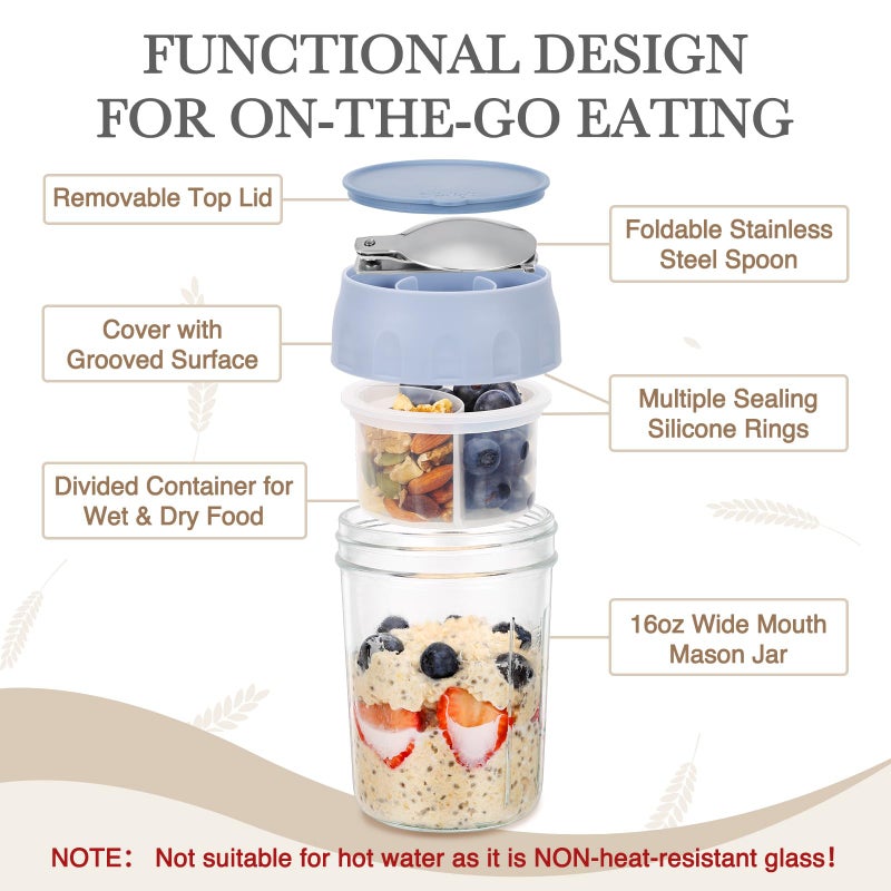 SOLIGT 4 Pack Overnight Oats Containers with Lids, Folding Spoons and Divided Compartments for Fruit & Nuts, Small Glass 16oz Mason Jars for Oatmeal (4 Set-Oat White/Green/Rose/Blue) - Image 5