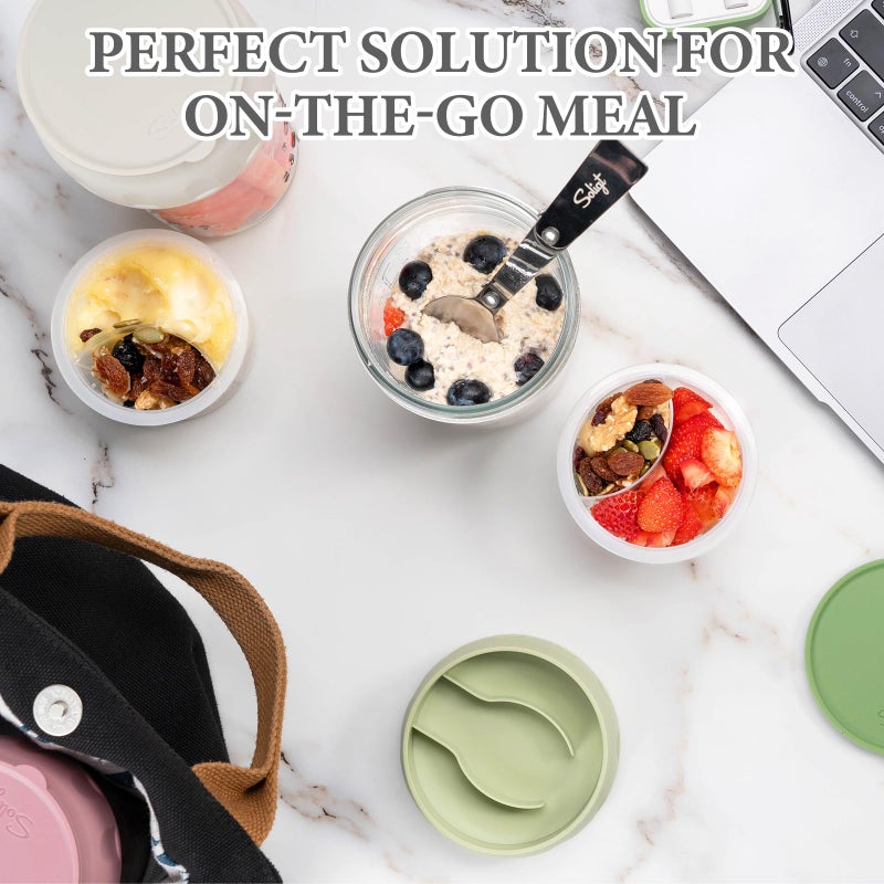 SOLIGT 4 Pack Overnight Oats Containers with Lids, Folding Spoons and Divided Compartments for Fruit & Nuts, Small Glass 16oz Mason Jars for Oatmeal (4 Set-Oat White/Green/Rose/Blue) - Image 4