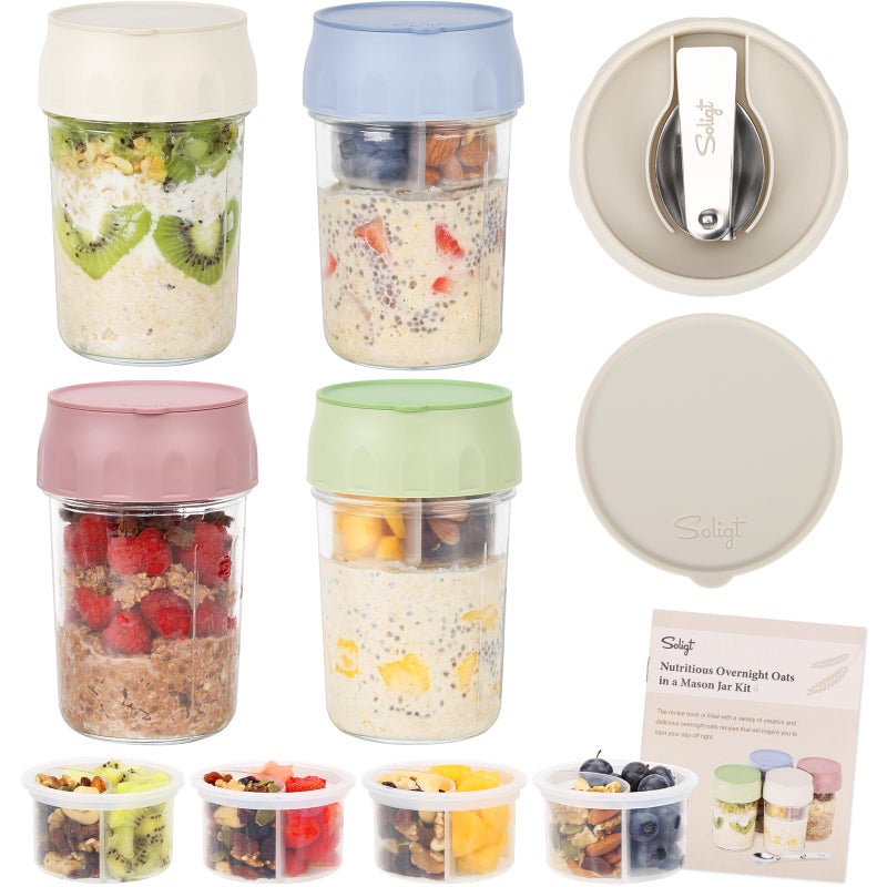 SOLIGT 4 Pack Overnight Oats Containers with Lids, Folding Spoons and Divided Compartments for Fruit & Nuts, Small Glass 16oz Mason Jars for Oatmeal (4 Set-Oat White/Green/Rose/Blue) - Image 1