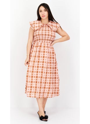 GHOSPELL Women Textured Midi Dress, Brown Combo  - Image 1