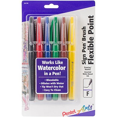 Pentel Arts Sign Pen Touch, Fude Brush Tip, Assorted Colors, Pack of 6 (SES15CBP6M) - Image 1