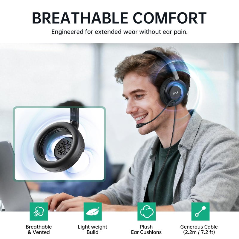 EKSA H27 USB Computer Headset with Microphone for Work, PC Headset with Noise Cancelling Mic, Wired Over-Ear Headphones with in-Line Controls, USB Headset for PC/Computer/Laptop/Call Center/Office - Image 2