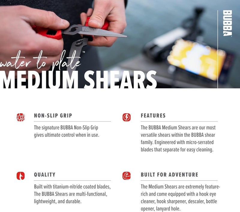Bubba Medium Shears Fishing Multi Tool - With Micro-Serrated Blades, Hook Eye Cleaner, Hook Sharpener, & Descaler - Image 4