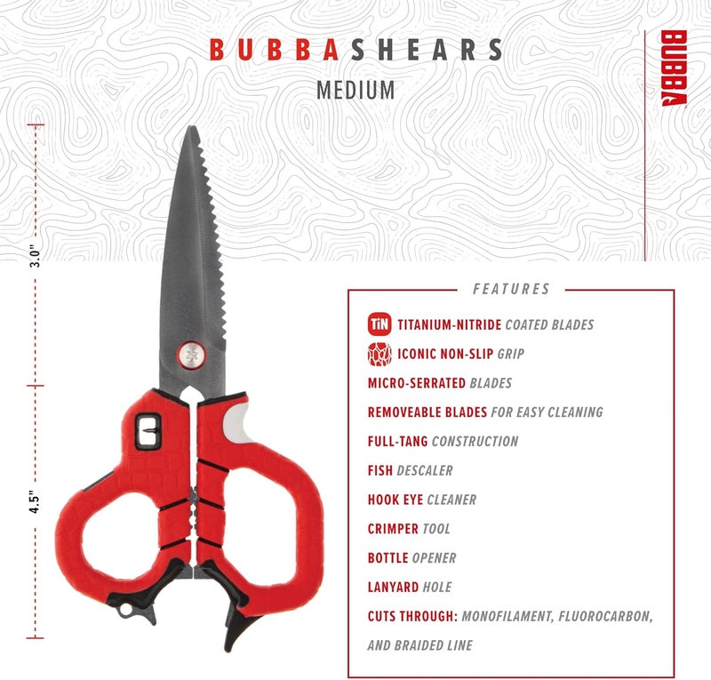 Bubba Medium Shears Fishing Multi Tool - With Micro-Serrated Blades, Hook Eye Cleaner, Hook Sharpener, & Descaler - Image 3