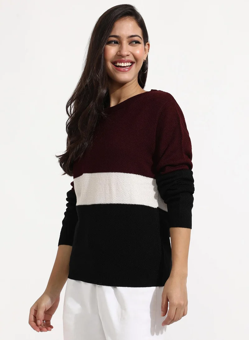 Campus Sutra Women's Multicolour Pullover Sweater With Contrast Panels