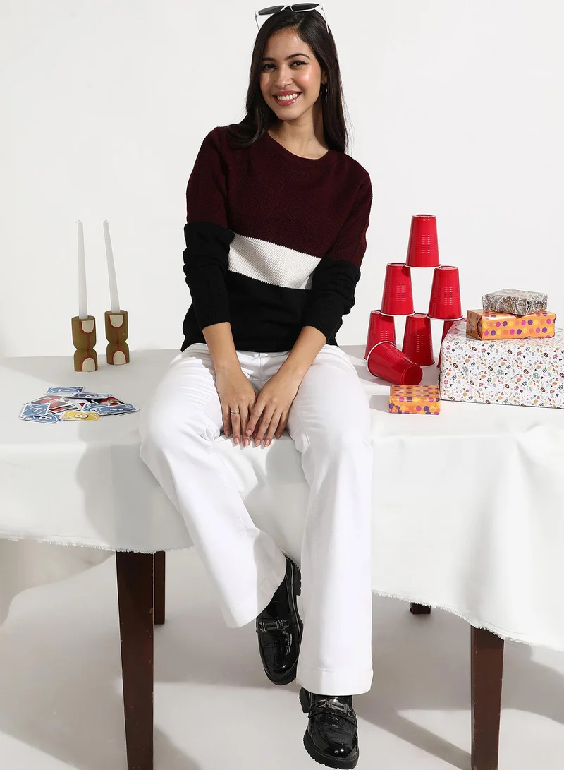 Campus Sutra Women's Multicolour Pullover Sweater With Contrast Panels