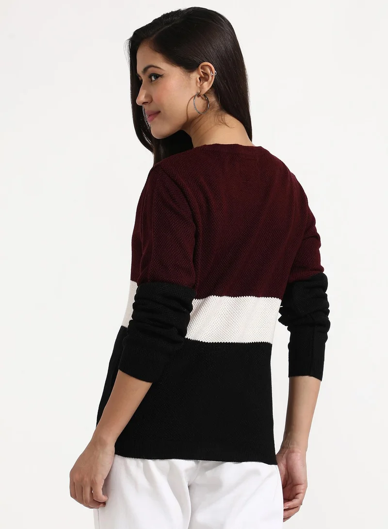 Campus Sutra Women's Multicolour Pullover Sweater With Contrast Panels