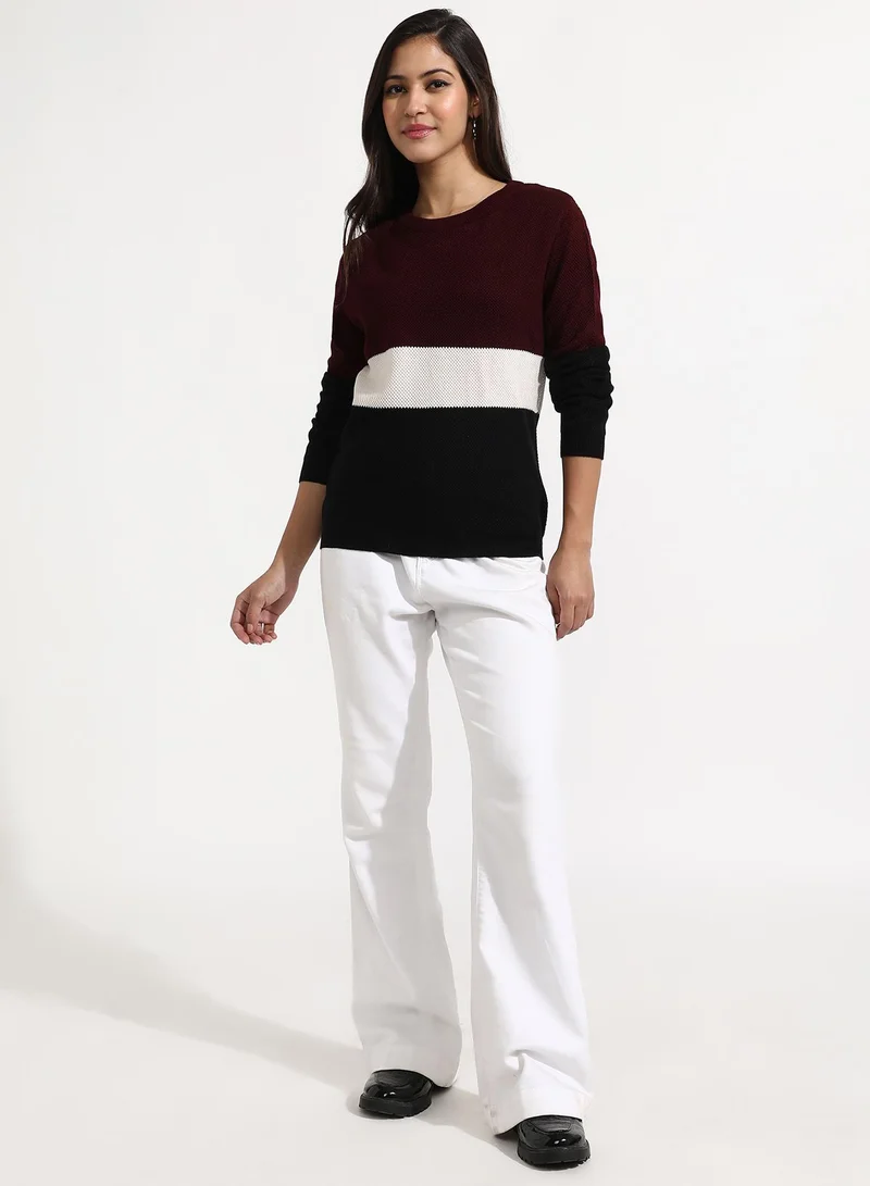 Campus Sutra Women's Multicolour Pullover Sweater With Contrast Panels