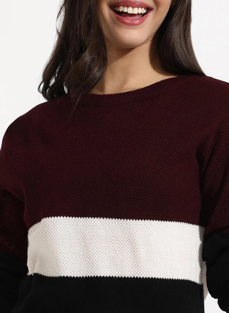 Campus Sutra Women's Multicolour Pullover Sweater With Contrast Panels