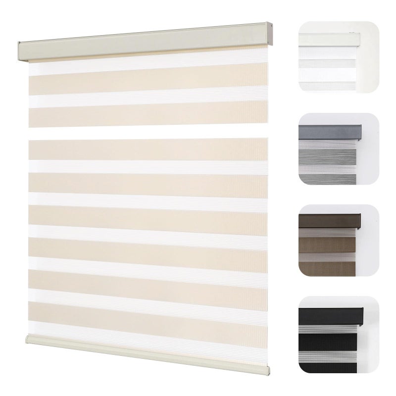 Joydeco Cordless Zebra Blinds for Windows, Dual Layer Light Control Window Blinds with Light-Proof Aluminum Cover, Free-Stop Roller Shades for Home & Office (Beige,34" W x 75" H) - Image 1