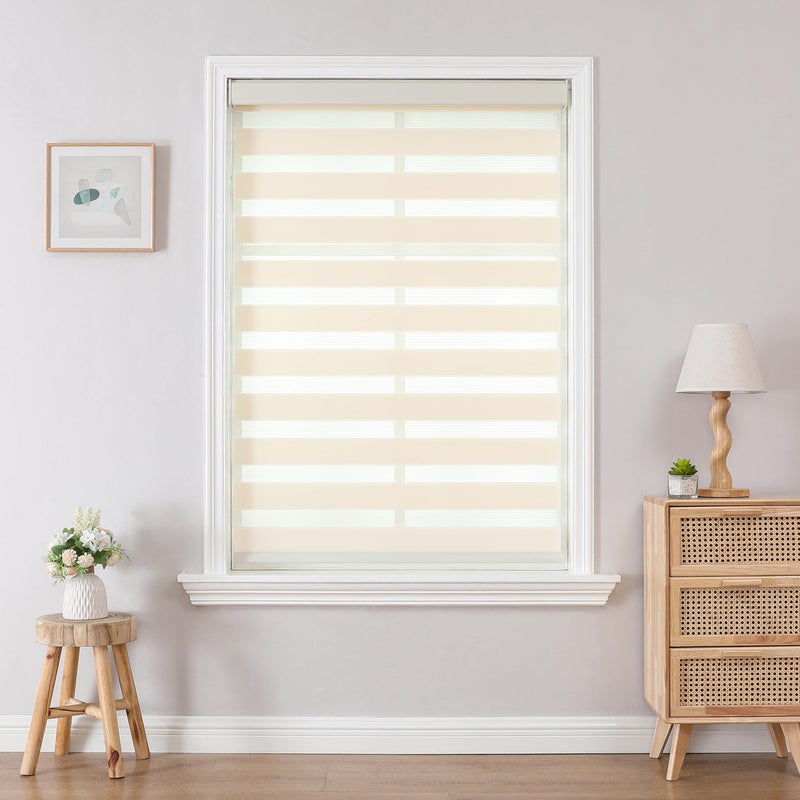 Joydeco Cordless Zebra Blinds for Windows, Dual Layer Light Control Window Blinds with Light-Proof Aluminum Cover, Free-Stop Roller Shades for Home & Office (Beige,34" W x 75" H) - Image 2