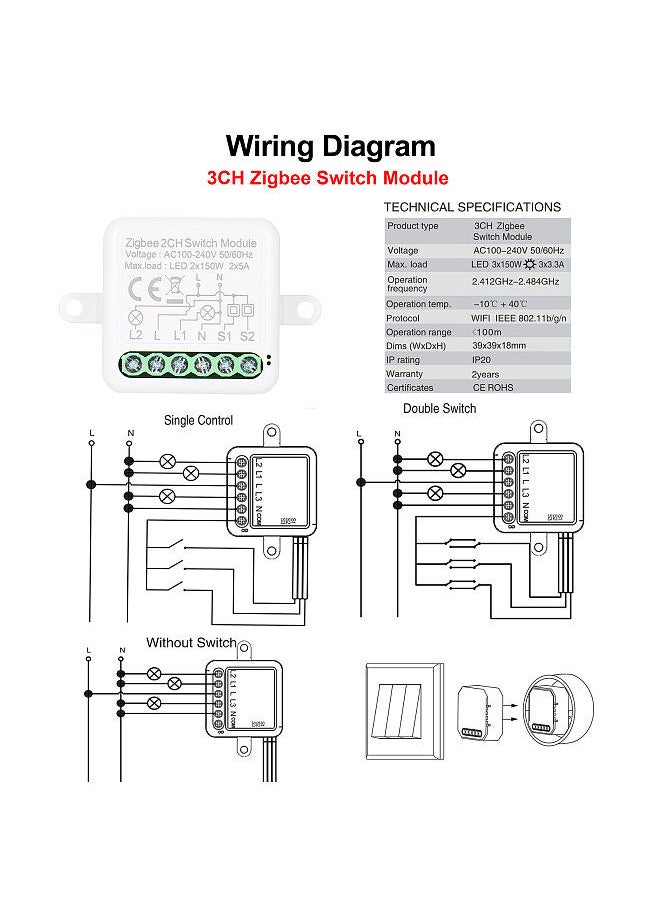 3CH Zigbee Mini Smart Switch Relay Module Support 2 Way Control Switch for Smart Home Automation, Works with Alexa  Home