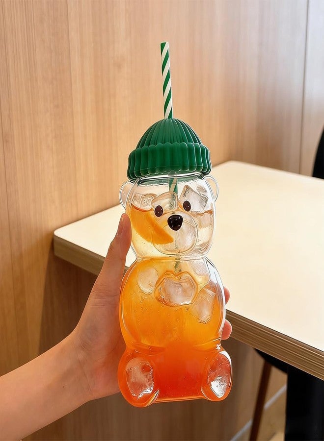 DHVSAM New Plastic Bear Straw Cup 500ML Cute Bear Plastic Tumbler with Reusable Straw - Viral Animal Design for Smoothies, Boba & Iced Coffee (Green) - Image 2