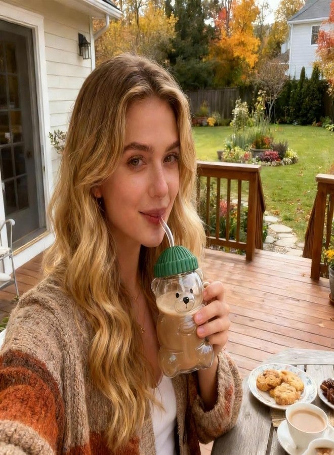 DHVSAM New Plastic Bear Straw Cup 500ML Cute Bear Plastic Tumbler with Reusable Straw - Viral Animal Design for Smoothies, Boba & Iced Coffee (Green) - Image 5