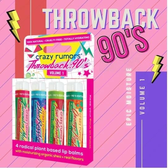 Crazy Rumors Throwback 90s Lip Balm mix set Natural and Vegan lip balm sticks in nostaligic1990s themed flavours Cucumber Melon Blue Razzberry Kiwi Strawberry Orange Pop