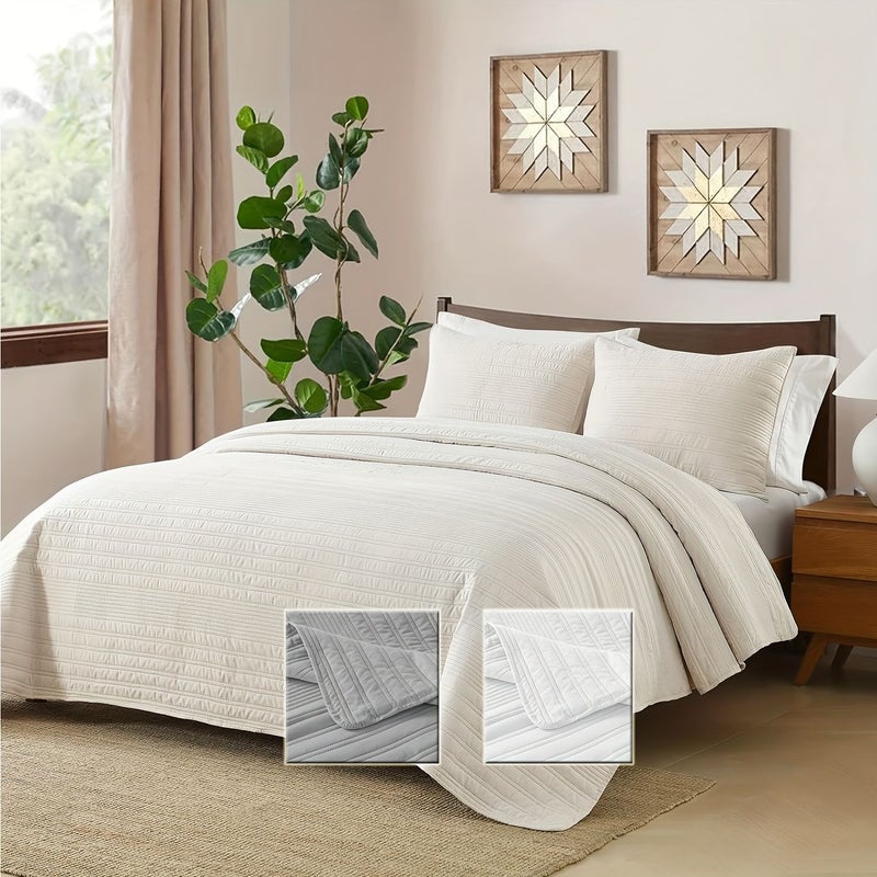 1 Piece Ultrasonic Technology Ultra Light Irregular Sliver Monochrome Embossed Bedspread Bed Cover Set With 2 Pillowcases Soft Breathable Comfortable Bedding For Bedroom Dormitory Beige 94 49 Inch By 102 36 Inch - Image 2