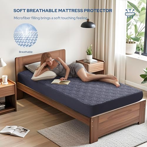 BEDLORE حامي مرتبة BEDLORE المقاوم للماء، وسادة مرتبة بحجم توين مع جيب عميق بعمق 6"-15"، غطاء مرتبة مزدوج ناعم مقاوم للأوساخ لغرفة النوم، سكن الجامعة، الفندق (أزرق داكن) - Image 3