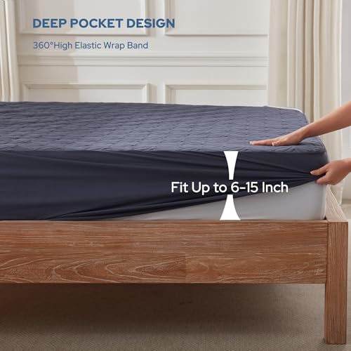 BEDLORE حامي مرتبة BEDLORE المقاوم للماء، وسادة مرتبة بحجم توين مع جيب عميق بعمق 6"-15"، غطاء مرتبة مزدوج ناعم مقاوم للأوساخ لغرفة النوم، سكن الجامعة، الفندق (أزرق داكن) - Image 4