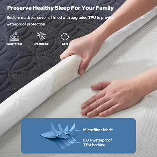 BEDLORE حامي مرتبة BEDLORE المقاوم للماء، وسادة مرتبة بحجم توين مع جيب عميق بعمق 6"-15"، غطاء مرتبة مزدوج ناعم مقاوم للأوساخ لغرفة النوم، سكن الجامعة، الفندق (أزرق داكن) - Image 2