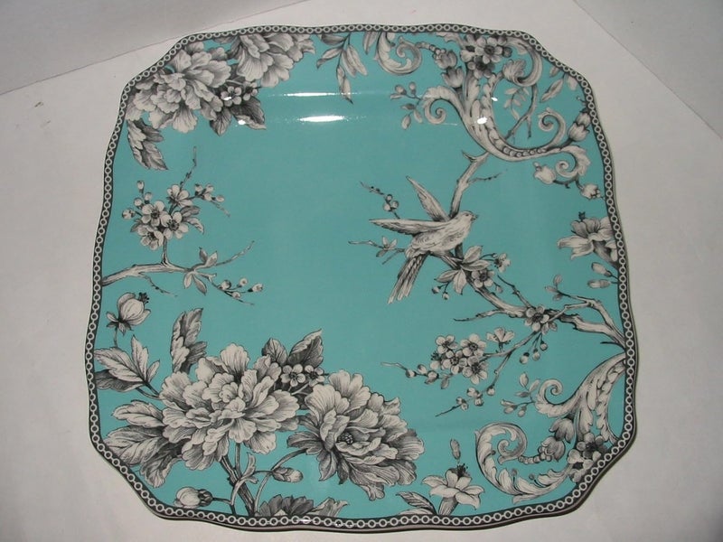 222 Fifth Adelaide Turquoise Porcelain Single Dinner Plate 1034 French Toile Bird Pattern - Image 1