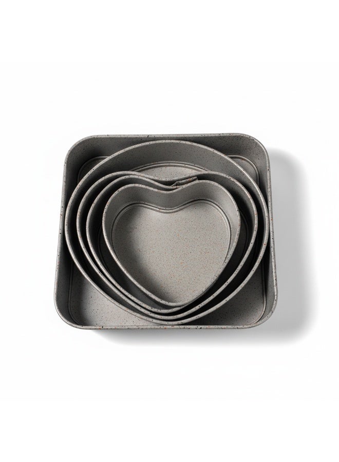 AKDC 5 Piece Nonstick Aluminum Cake Pan Mould set with Multiple sizes and shapes (3 x Heart Shapes, 1x Circular Shape & 1x Square shape) - Image 1