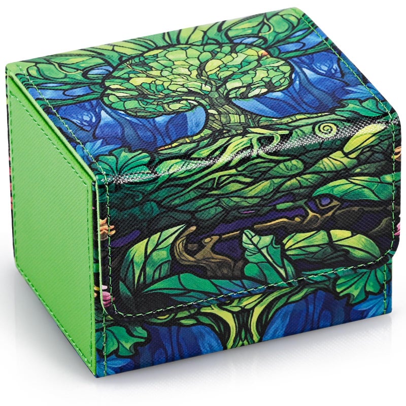 UAONO Card Deck Box for MTG, Trading Cards Storage Box Holds 120+ Sleeved Commander Deck, PU Leather Card Box Suits TCG Magic with 2 Dividers (Green,Tree) - Image 1