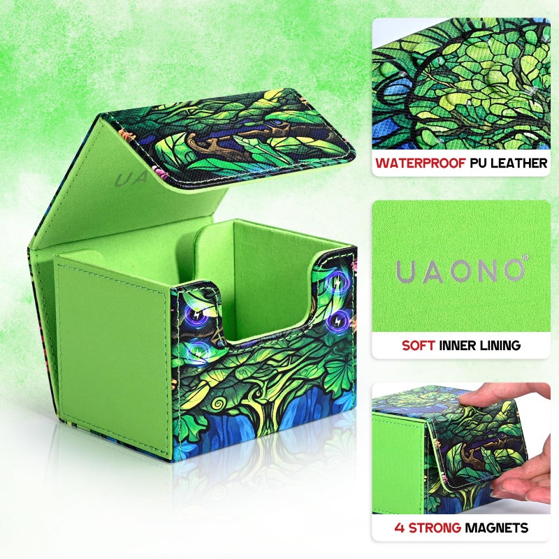 UAONO Card Deck Box for MTG, Trading Cards Storage Box Holds 120+ Sleeved Commander Deck, PU Leather Card Box Suits TCG Magic with 2 Dividers (Green,Tree) - Image 5
