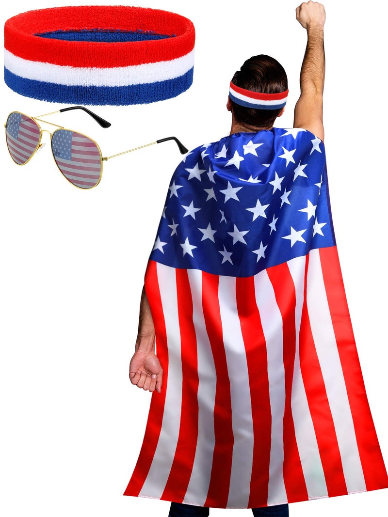 Frienda 250 Year American Flag Costume Cape, Retro 80's USA Sunglasses and Flag Headband for 250th Anniversary 4th of July(Classic Style) - Image 1