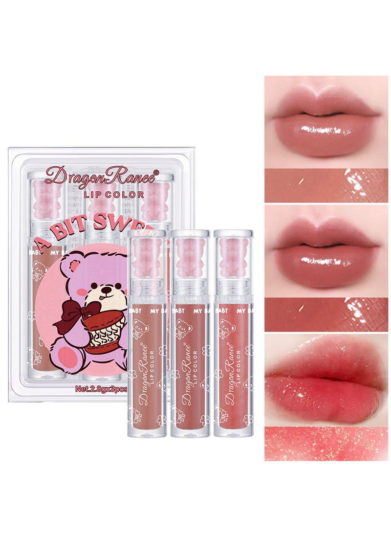 Dragon Ranee 3Pcs Glossy Cute Bear Lip Glaze, Clear Lasting Hydrating Lip Oil with Fine Flash, Crystal Jelly Lip Gift for Dry Lip  - Image 1