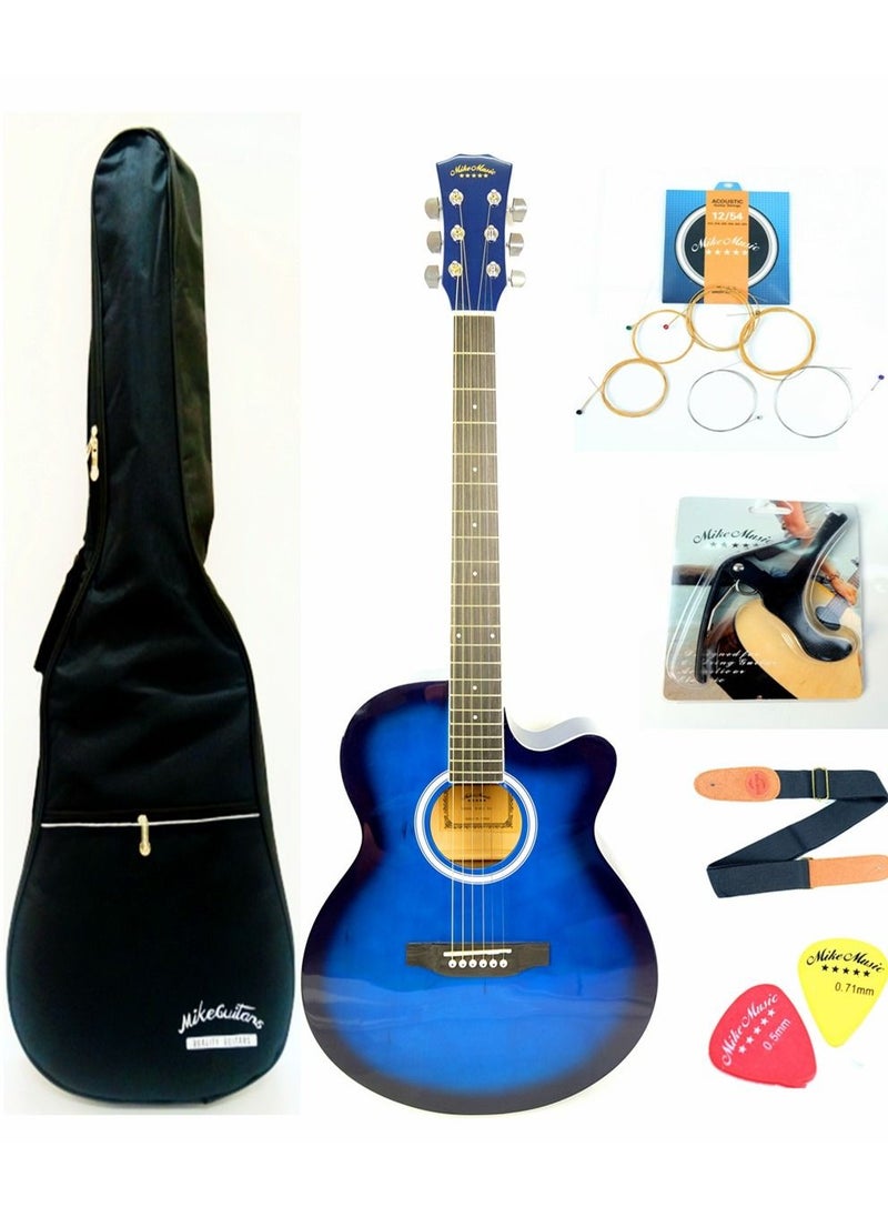 null - Mike Music 40inch Acoustic Guitar with Bag and Strap and Extra Strings and Capo and Guitar Picks(40 inch glossy, blue) - Image 1