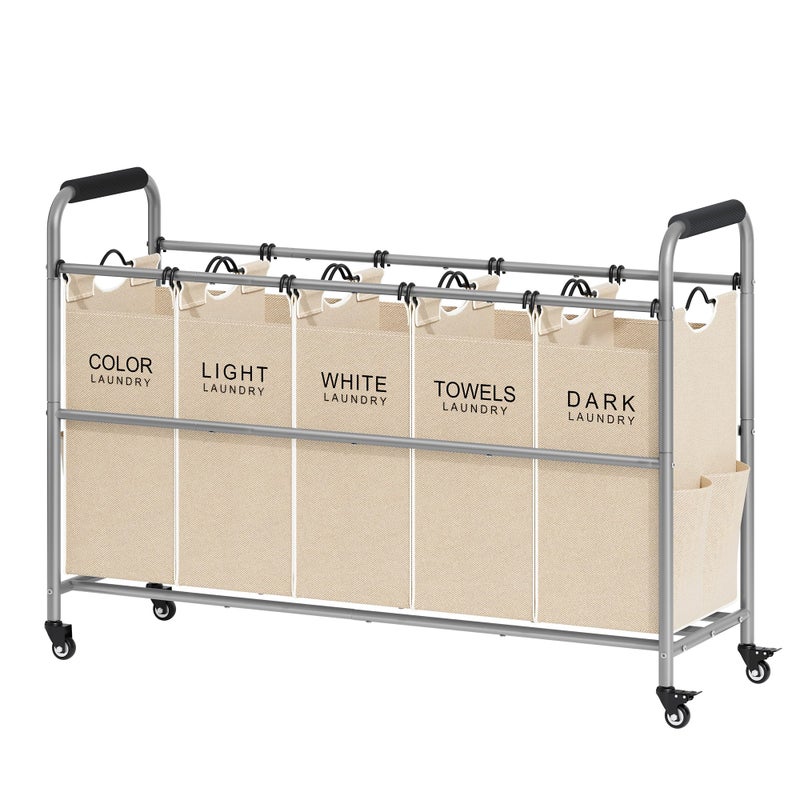 Tajsoon Laundry Sorter 5 Sections Laundry Hamper with Heavy Duty Lockable Wheels and Removable Bags 5 Bag Rolling Laundry Sorter Cart for Dirty Clothes Storage Laundry Separator Hamper Beige - Image 2