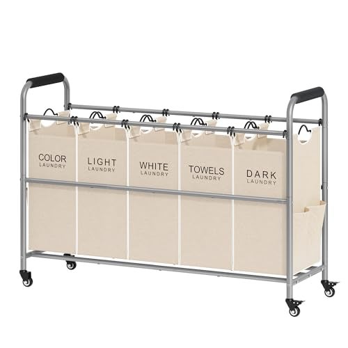 Tajsoon Laundry Sorter 5 Sections Laundry Hamper with Heavy Duty Lockable Wheels and Removable Bags 5 Bag Rolling Laundry Sorter Cart for Dirty Clothes Storage Laundry Separator Hamper Beige - Image 1