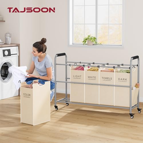 Tajsoon Laundry Sorter 5 Sections Laundry Hamper with Heavy Duty Lockable Wheels and Removable Bags 5 Bag Rolling Laundry Sorter Cart for Dirty Clothes Storage Laundry Separator Hamper Beige - Image 3