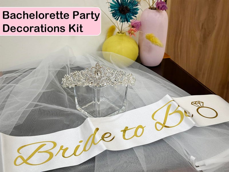 JETKONG 3 Pcs Bachelorette Party Decorations Bridal Shower Crown, Bride to Be Sash&Veil for Women Bachelorette Party Gifts, Bachelorette Party Supplies, Gifts, Favors (Silver) - Image 4