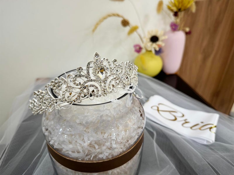 JETKONG 3 Pcs Bachelorette Party Decorations Bridal Shower Crown, Bride to Be Sash&Veil for Women Bachelorette Party Gifts, Bachelorette Party Supplies, Gifts, Favors (Silver) - Image 2
