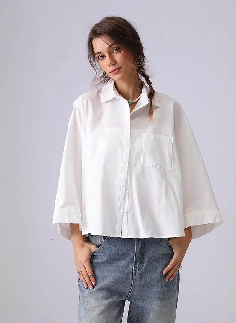 يونيكي White Spread Collar Kimono Sleeves Relaxed Fit Shirt