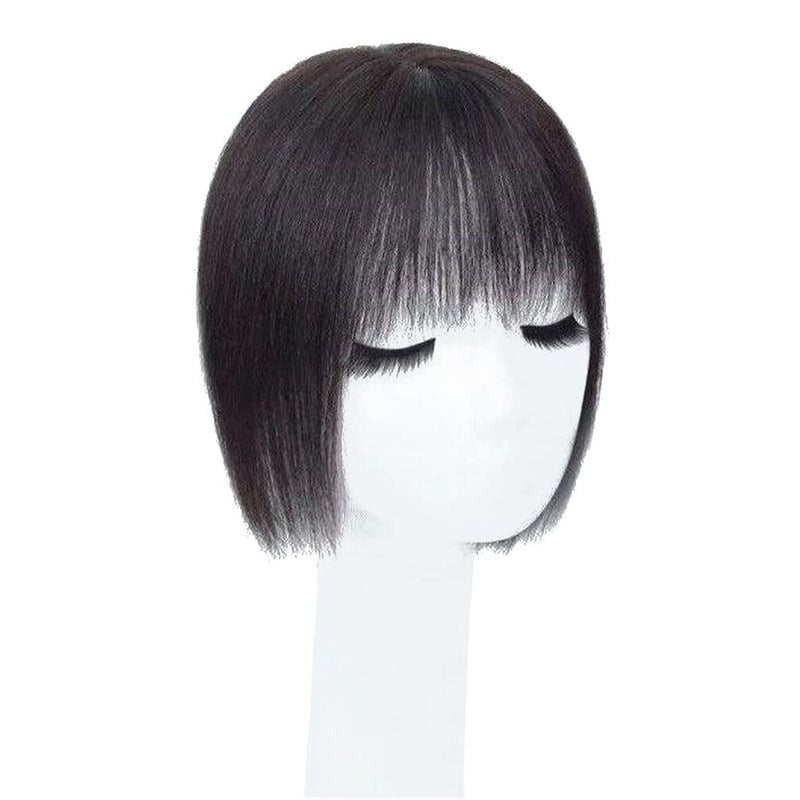 LesafeV Middle Part Silk Part Base Human Hair Topper 7x10cm Forehead Straight Clip in Hairpiece with Wispy Fringe 20cm Off Black - Image 1