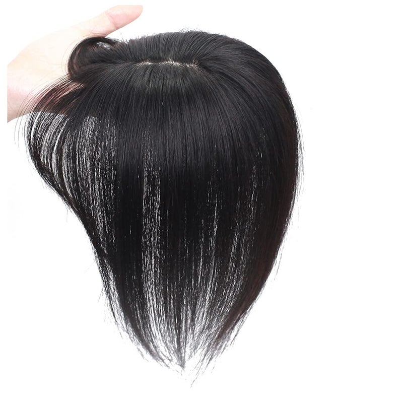 LesafeV Middle Part Silk Part Base Human Hair Topper 7x10cm Forehead Straight Clip in Hairpiece with Wispy Fringe 20cm Off Black - Image 3