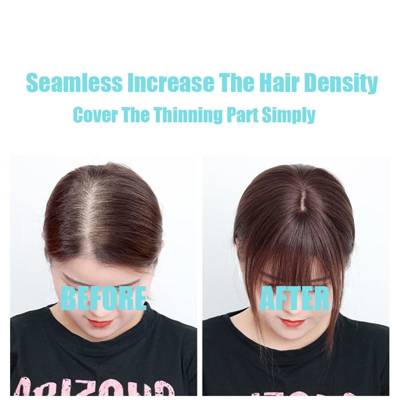 LesafeV Middle Part Silk Part Base Human Hair Topper 7x10cm Forehead Straight Clip in Hairpiece with Wispy Fringe 20cm Off Black - Image 5