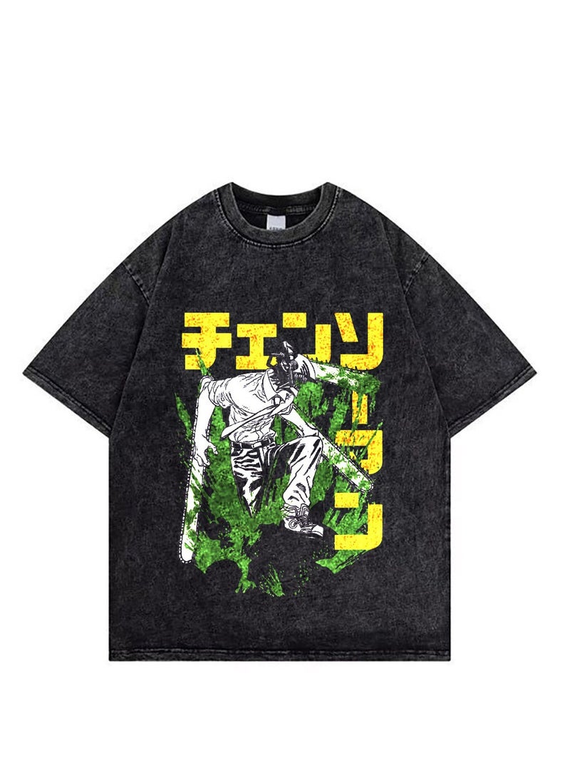 Washed retro T-shirt street hip hop anime Chainsaw Man casual cotton summer short sleeves - Image 1