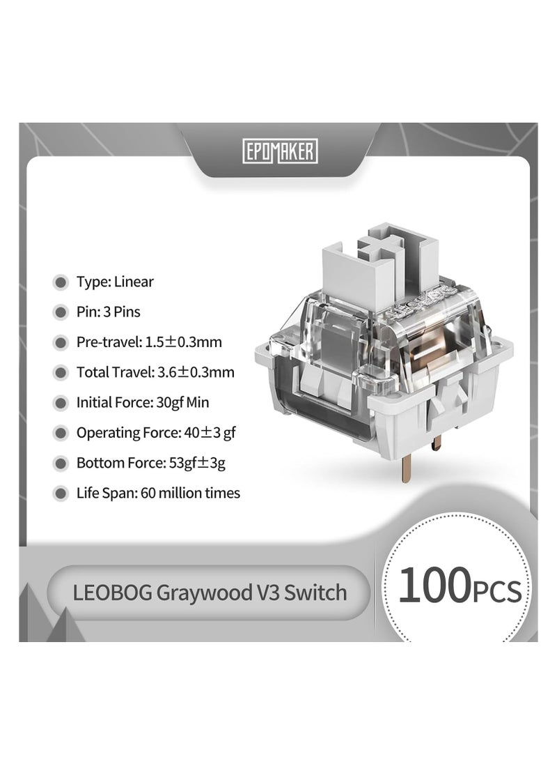 Generic EPOMAKER LEOBOG Graywood V3 Switch Set, Linear, 40g, 3 Pins, 100 Pieces for Customizing Keyboards  - Image 3