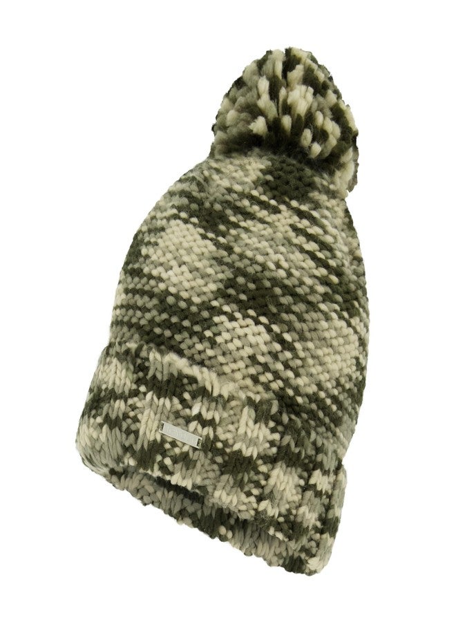 سبايدر قبعة صوفية نسائية من سبايدر، محبوكة بنمط سميك مع كرة صوفية وحافة مضلعة، لون زيتوني، مقاس واحد - Image 1