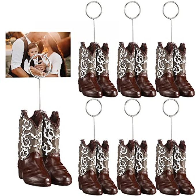 Tatuo 6 Pcs Cowboy Boots Table Number Holders Cute Photo Balloon Place Card Holder Cute Table Number Stands Picture Menu Memo Clips for Food Signs Party Wedding Anniversary Decorations (Dark Brown) - Image 4