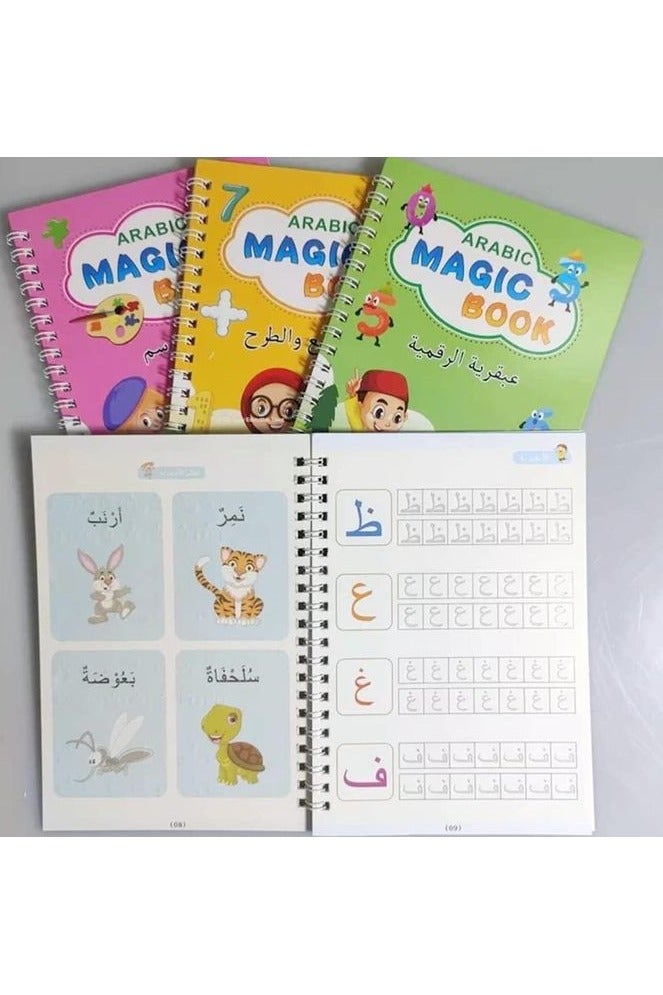 سانك ماجيك دفاتر الكتابة المحفورة للأطفال – مجموعة الكتابة السحرية بالعربية لتعليم الحروف والكلمات والأرقام – 4 كتب مع قلم وحبر - Image 2