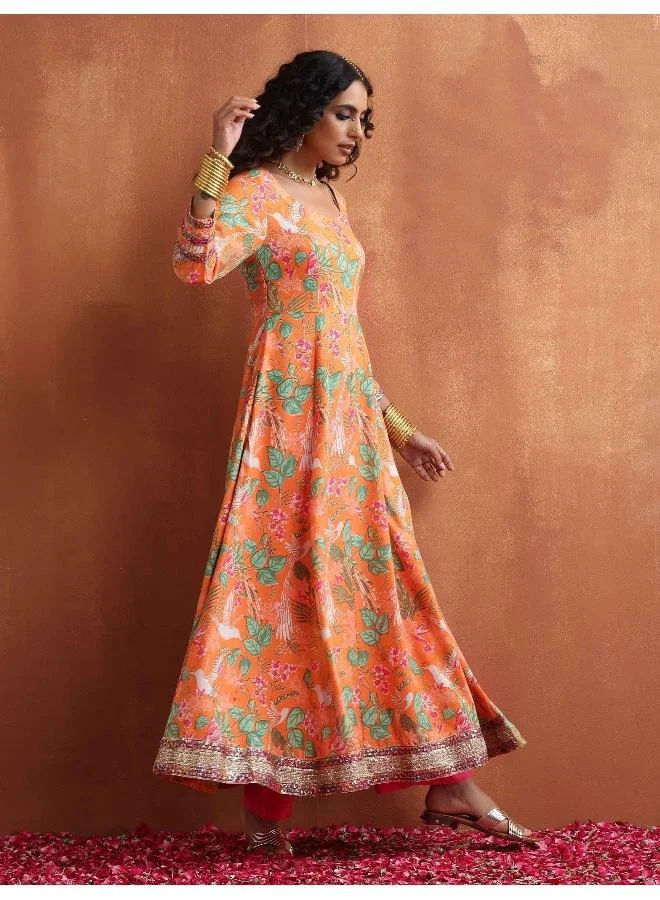 trueBrowns Orange Print Flared Anarkali Kurta Set