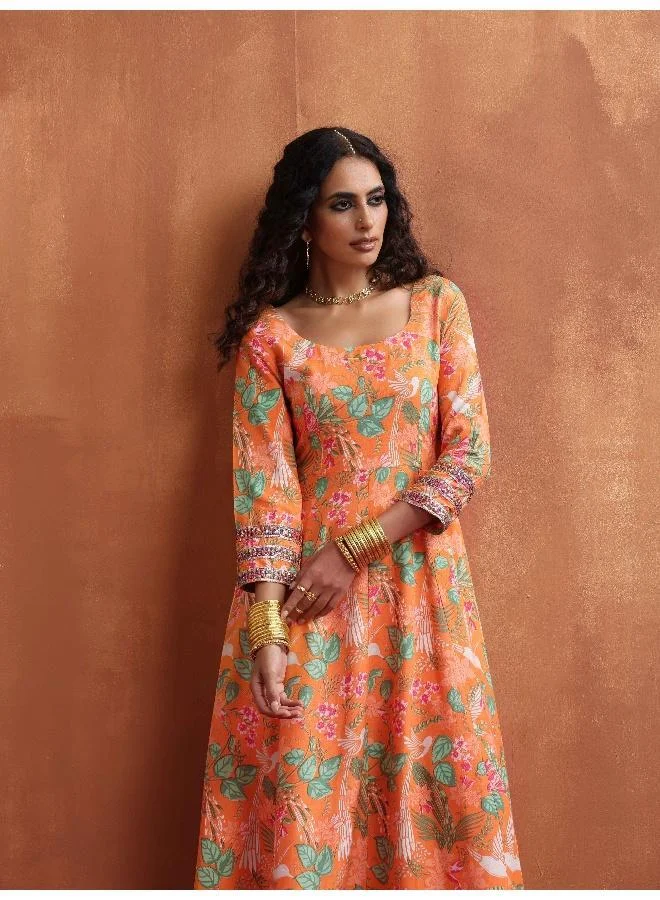 ترو برونز trueBrowns Orange Print Flared Anarkali Kurta Set